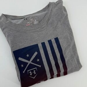 Under Armour Kids T Shirt Gray Baseball American Flag Graphic Tee Size XL